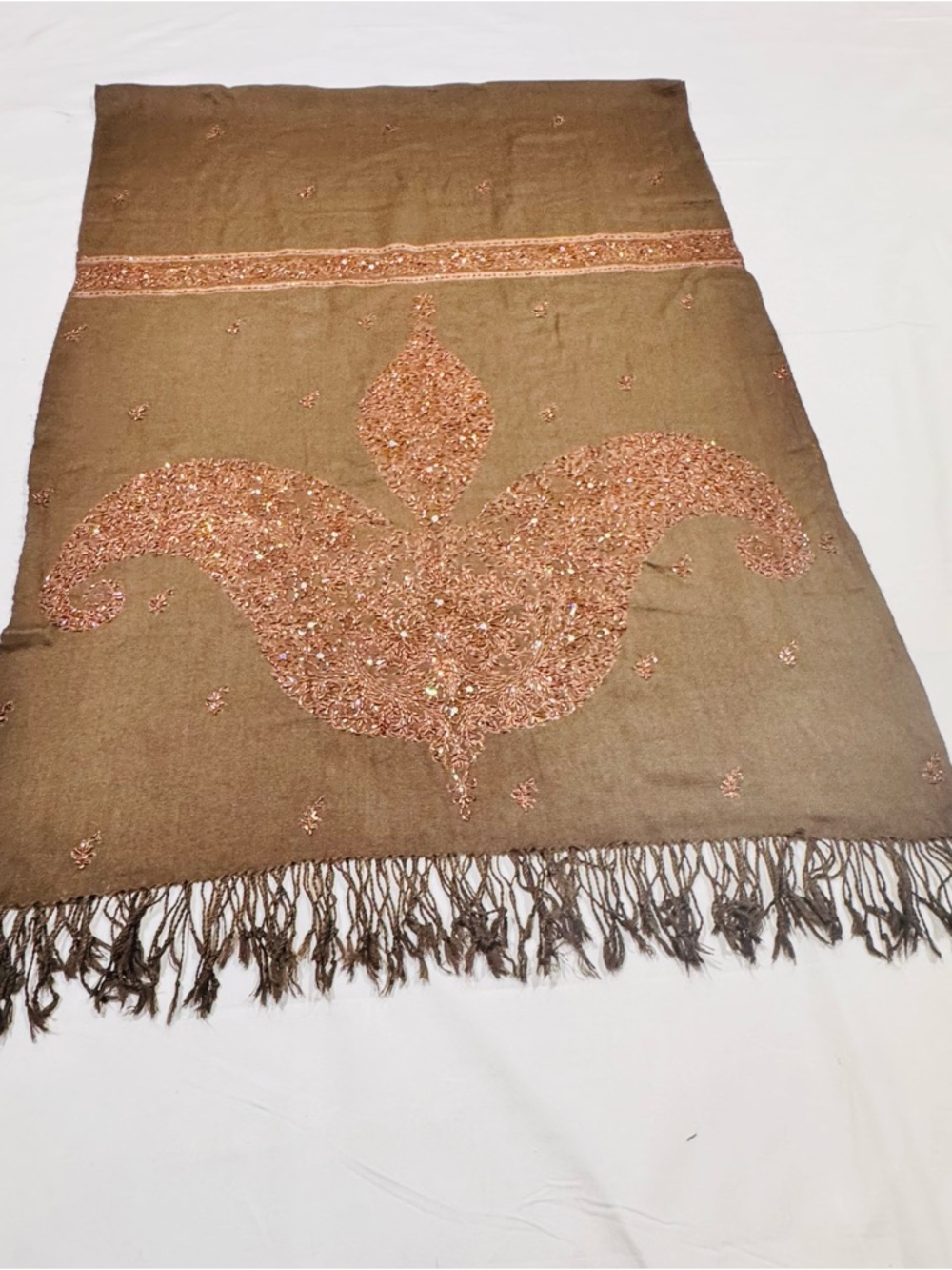 Elegant Embroidered Shawl Wrap Scarf Brown Floral Paisley Fringe Formal 76"x28"